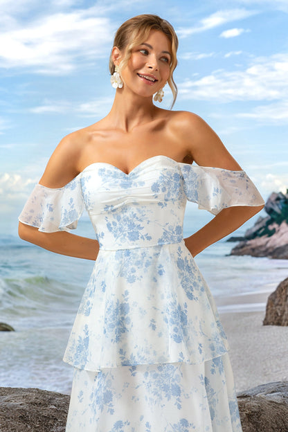 White Blue Floral Off The Shoulder Long Bridesmaid Dress with Ruffles