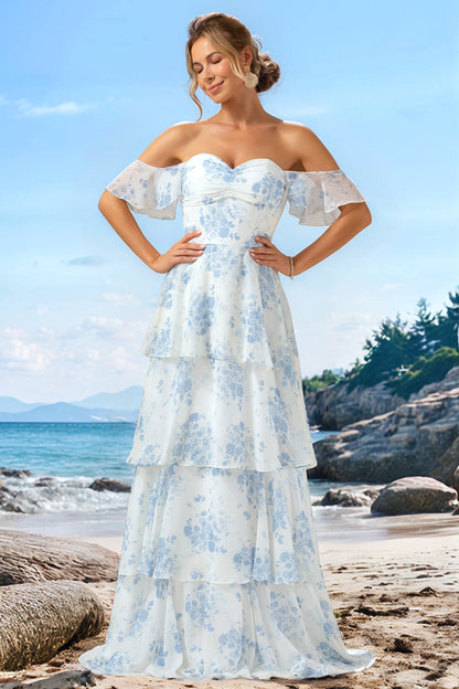 White Blue Floral Off The Shoulder Long Bridesmaid Dress with Ruffles