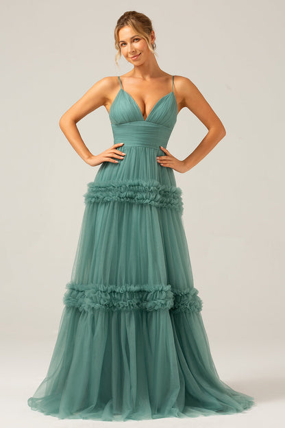 White Blue Flower A Line Long Bridesmaid Dress with Ruffles