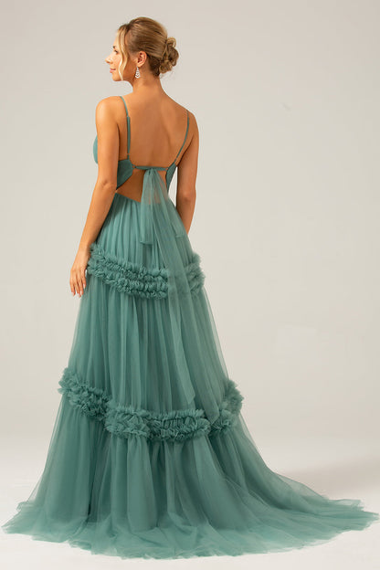 White Blue Flower A Line Long Bridesmaid Dress with Ruffles