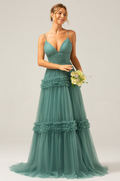 White Blue Flower A Line Long Bridesmaid Dress with Ruffles