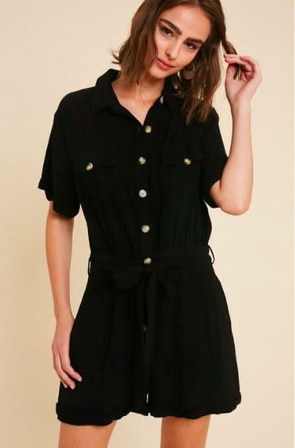 Liz Black Short Sleeve Button-Front Utility Romper