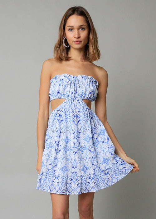 Maeve White and Blue Boho Print Strapless Dress