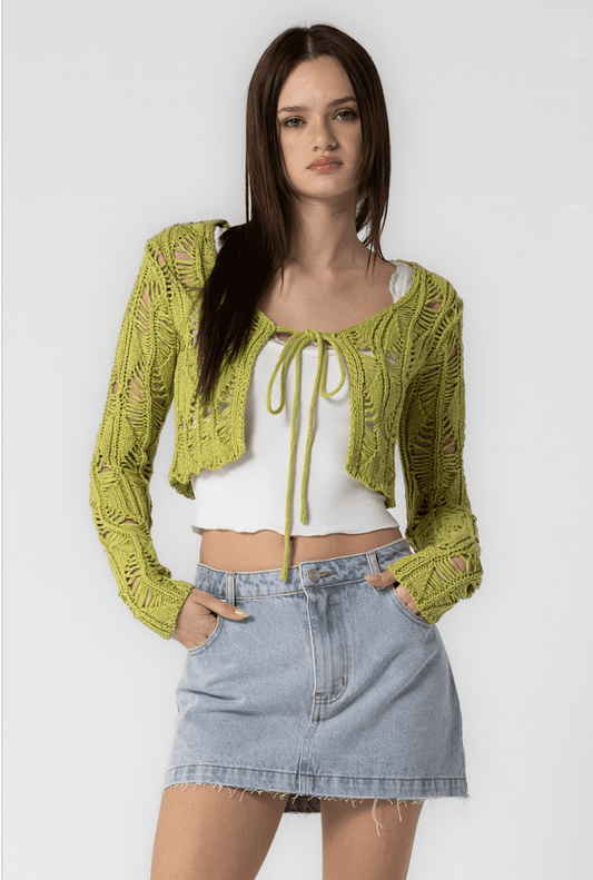 Emilia Kiwi Crochet Front-Tie Crop Cardigan Top