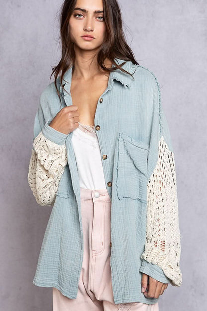 Lesley Light Blue Crochet Sleeve Shacket