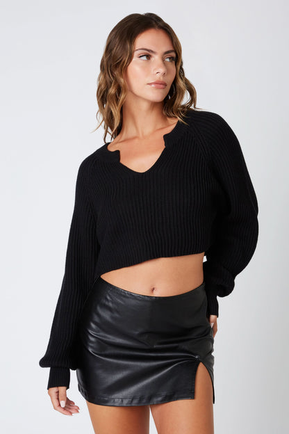 Day Off Black Notched Neck Sweater