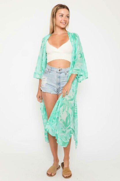 Daydream Mint and Aqua Leaf Print Kimono
