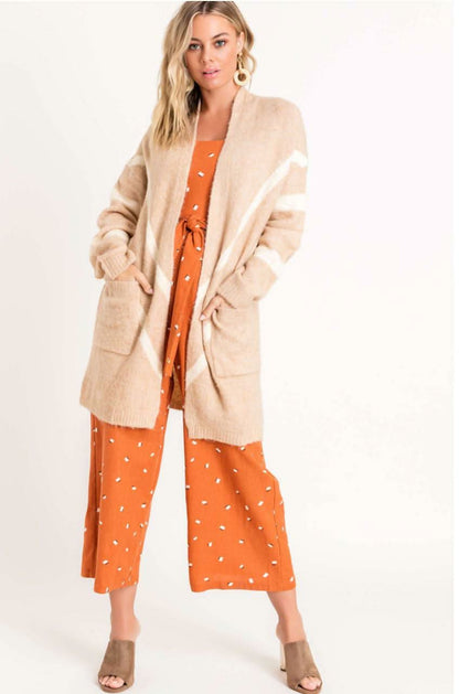 Cozy Dreams Taupe Chevron Striped Knit Cardigan