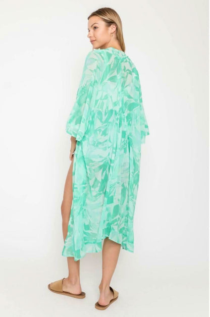 Daydream Mint and Aqua Leaf Print Kimono