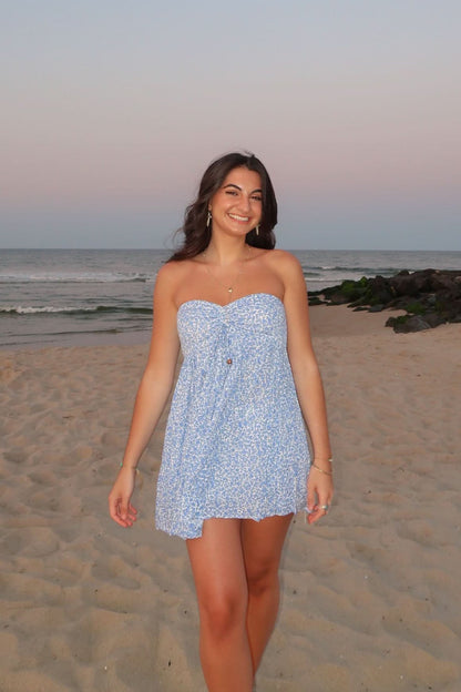 Lena Blue Floral Print Strapless Mini Dress