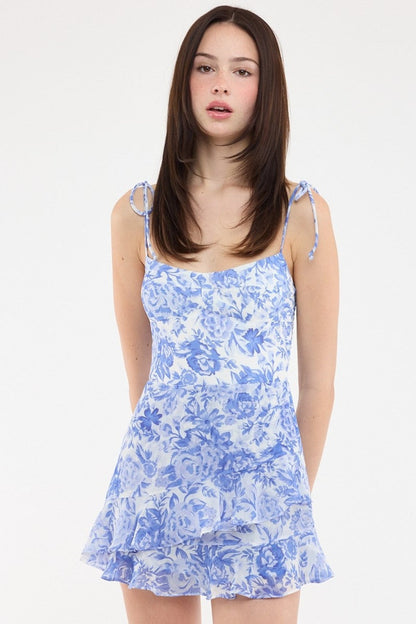 Liana Blue Floral Ruffle Romper Dress