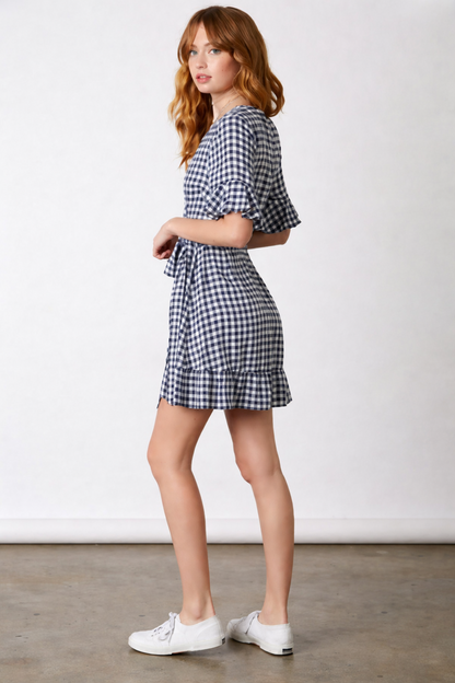Courtney Navy and White Gingham Wrap Dress