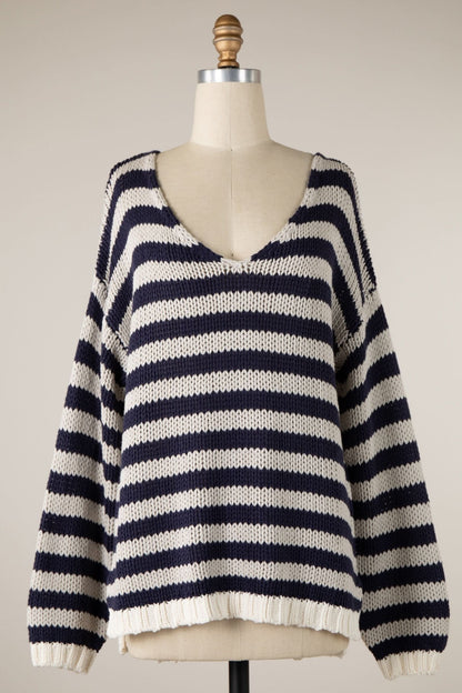 Lia Denim Stripe Oversized V-Neck Sweater Top