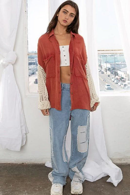 Lesley Dusty Red Crochet Sleeve Shacket