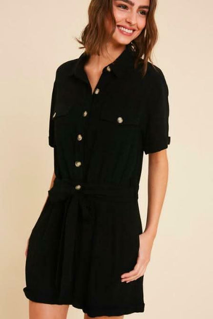 Liz Black Short Sleeve Button-Front Utility Romper
