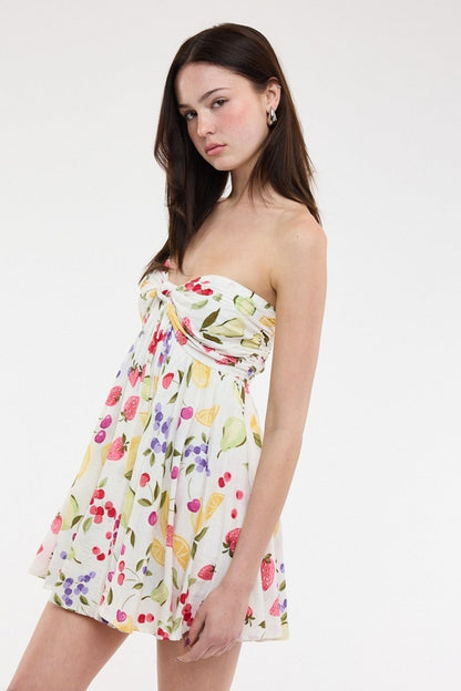 Colette White Fruit Print Strapless Babydoll Dress